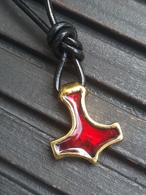 Support Ukraine! Handmade Mjolnir with Red Enamel, Mjölnir, Thor's Pendant, Viking Shieldmaiden Amulet, Brass