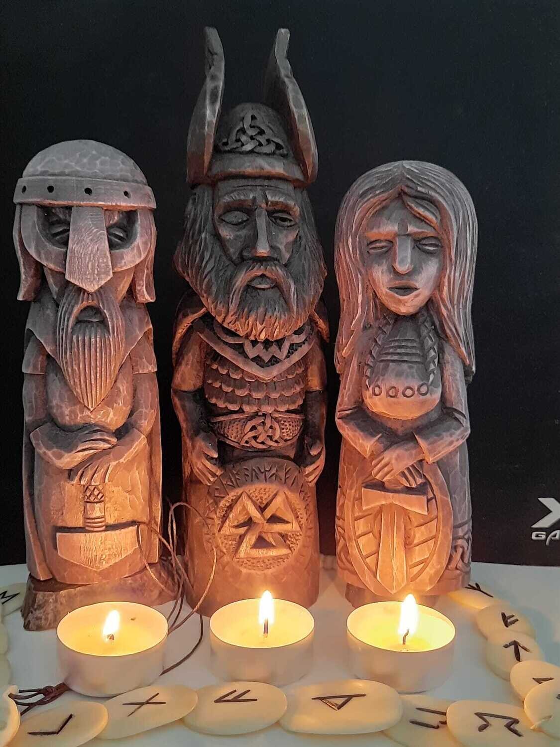 Old Norse Gods Statues, Wood Hand Carved