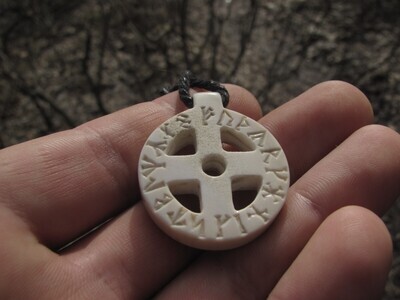 Viking Solar Necklace / Amulet, Odin Cross with Runic Alphabet, Hand-carved, Antlers