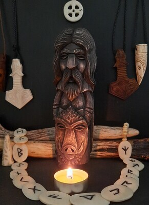 God Freyr Idol for Norse Pagan Altar, unique wood carving, handmade Scandinavian god figurine