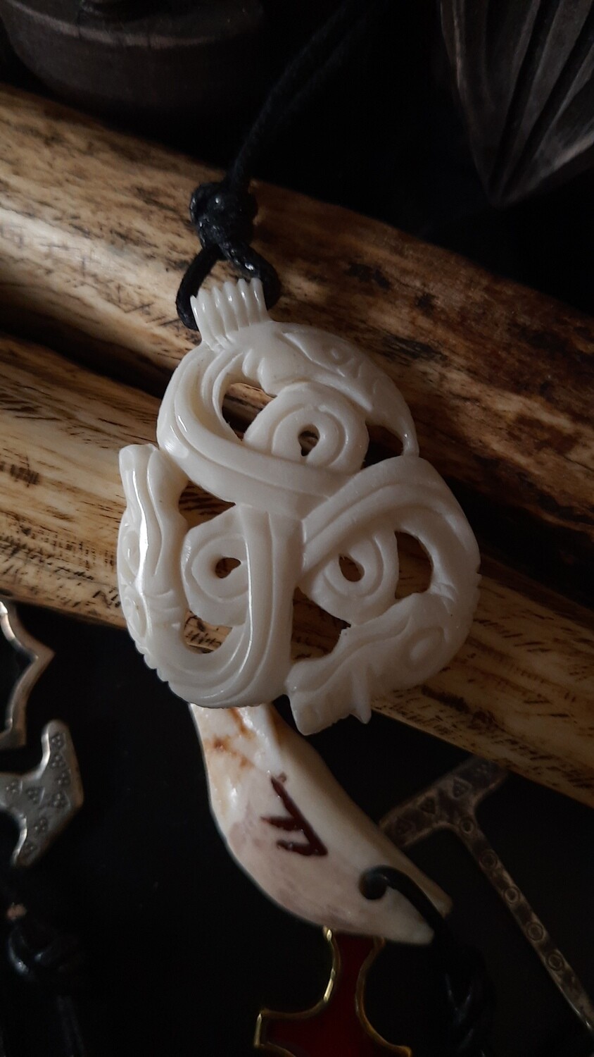 OFFER: Vikings Triskelion Bone Pendant: The Dragon, Odin's Raven and Wolf Norse Pagan Amulet