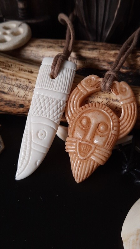 Unique Viking Odin in Ritual Helmet with Ravens Pendant, Bone, Hand-Carved