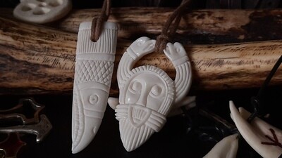 Premium Quality Viking Odin in Ritual Helmet with Ravens Pendant + Raven Amulet, Bone, Hand-Carved
