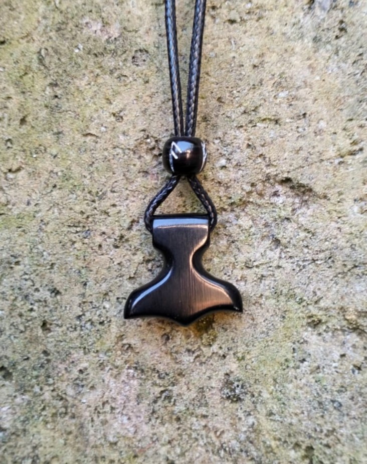 God Thor Mjolnir Necklace with Runic Bead, Hand-Carved in Buffalo Black Horn, Pagan Jewellery Collection