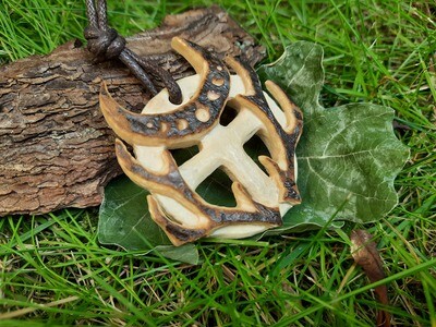 Pagan Solar Amulet with Deer Antlers and Moon, Viking Solar Necklace, Hand-Carved, Moose Antlers