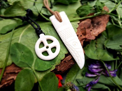 Viking Odin Raven Amulet + Solar Pagan Cross Necklace, Hand-Carved in polished cuttlebone