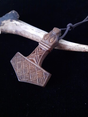 Hand-Carved Mjolnir: Norse God Thor's Hammer Pendant with Geometric Design and Courage Bindrune