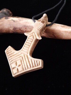 Unique Hand-Carved Mjolnir: Norse God Thor's Hammer Pendant with Norse Beast and Solar Symbols design