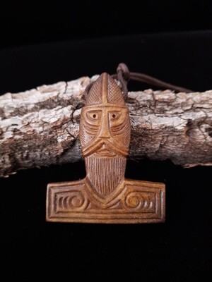 Hand-Carved Mjolnir with God Thor's depiction and Solar Symbols