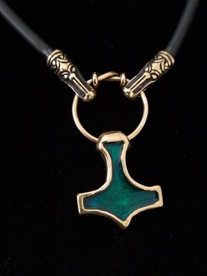 Stand with Ukraine! Handmade Mjolnir Pendant with Green Enamel and Dragon heads cord: Patriotic Jewelry from War Zone, Brass