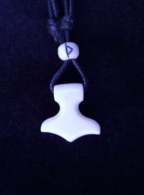 God Thor Mjolnir Necklace with Runic Bead, Hand-Carved in Bone Pagan Jewellery Collection