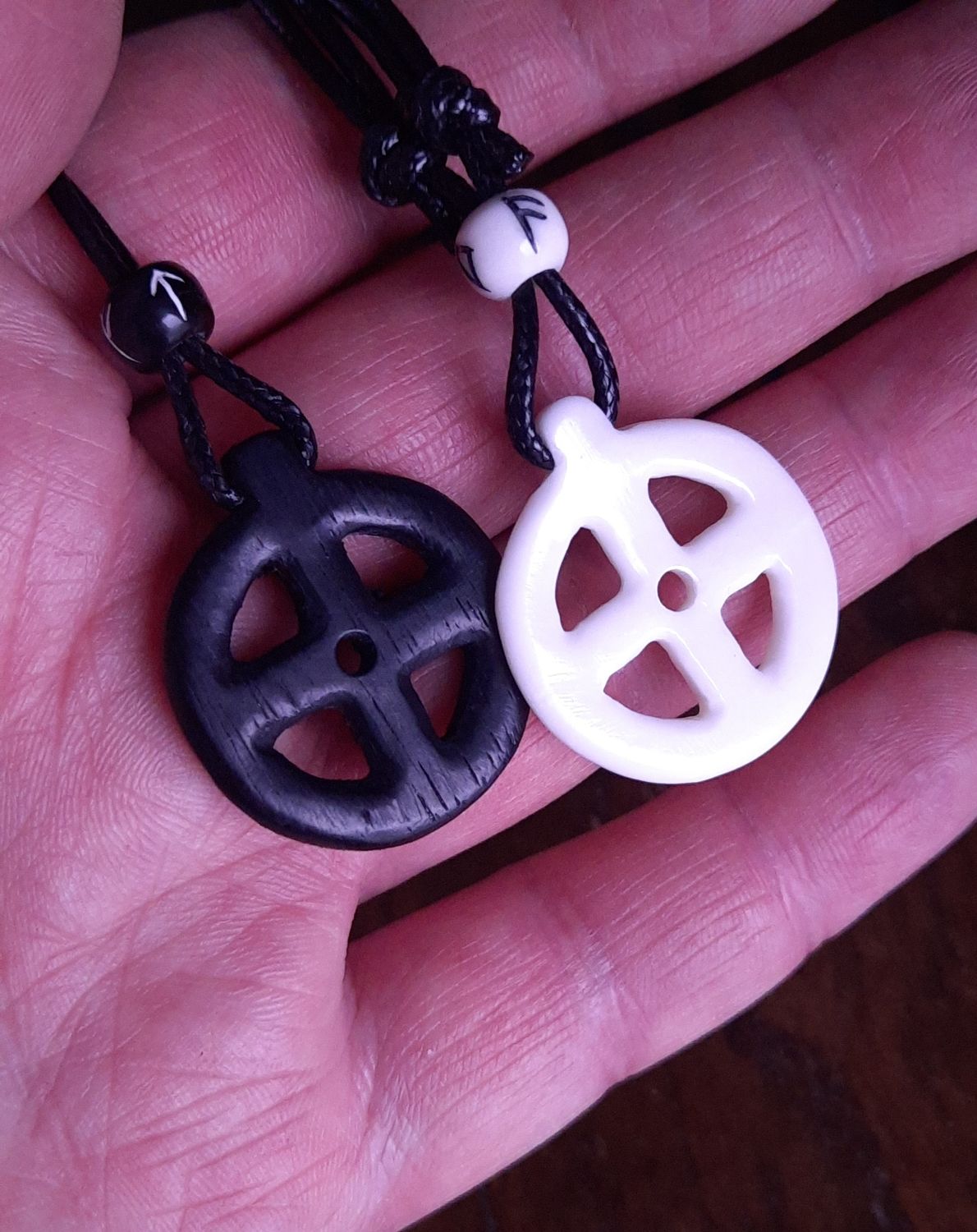 Odin Cross with Runic bead Black and White, Viking Solar Necklace, Hand-Carved in Bone and Hard wood, Pagan Jewellery Collection