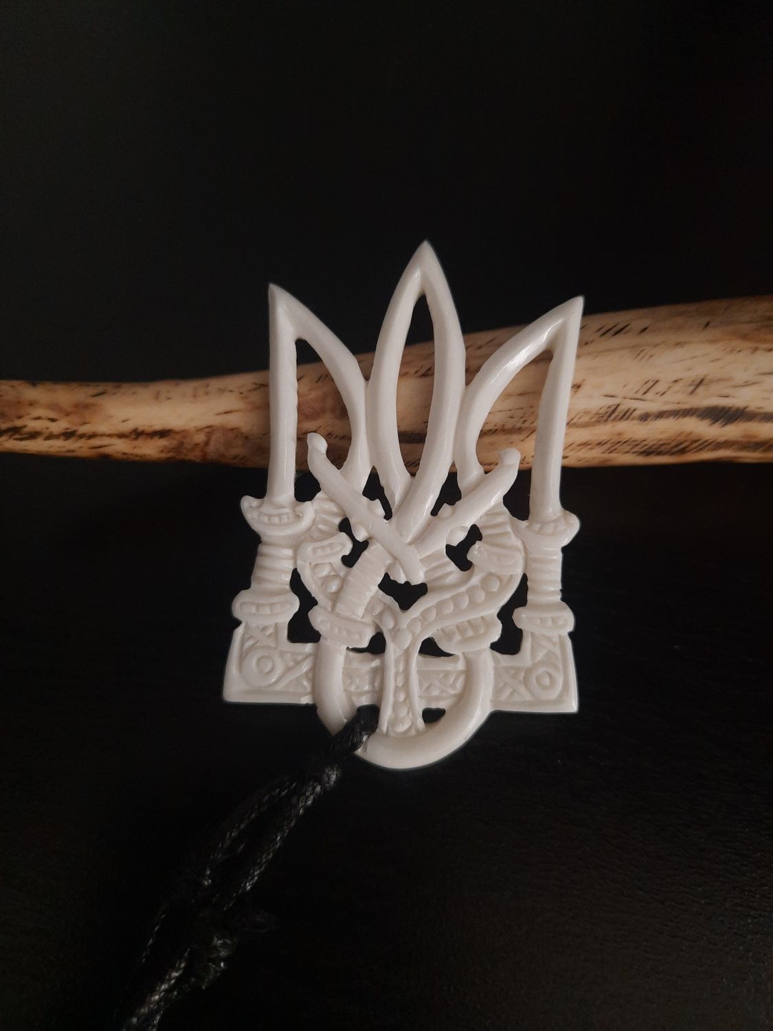 Hand-Carved Ukrainian Tryzub - Trident with Kozak Sabre Motif, Crafted from Buffalo bone