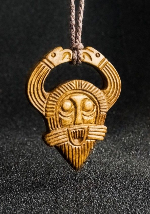 Odin Amulet with Ansuz Rune and Ravens Ritual Helmet, Hand Carved, Moose Antlers