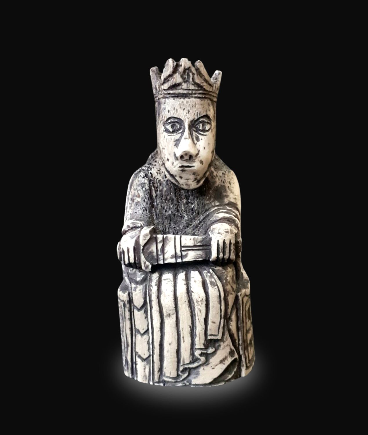 Hand-Carved Lewis Chessmen King – Seated with Sword Across Knees