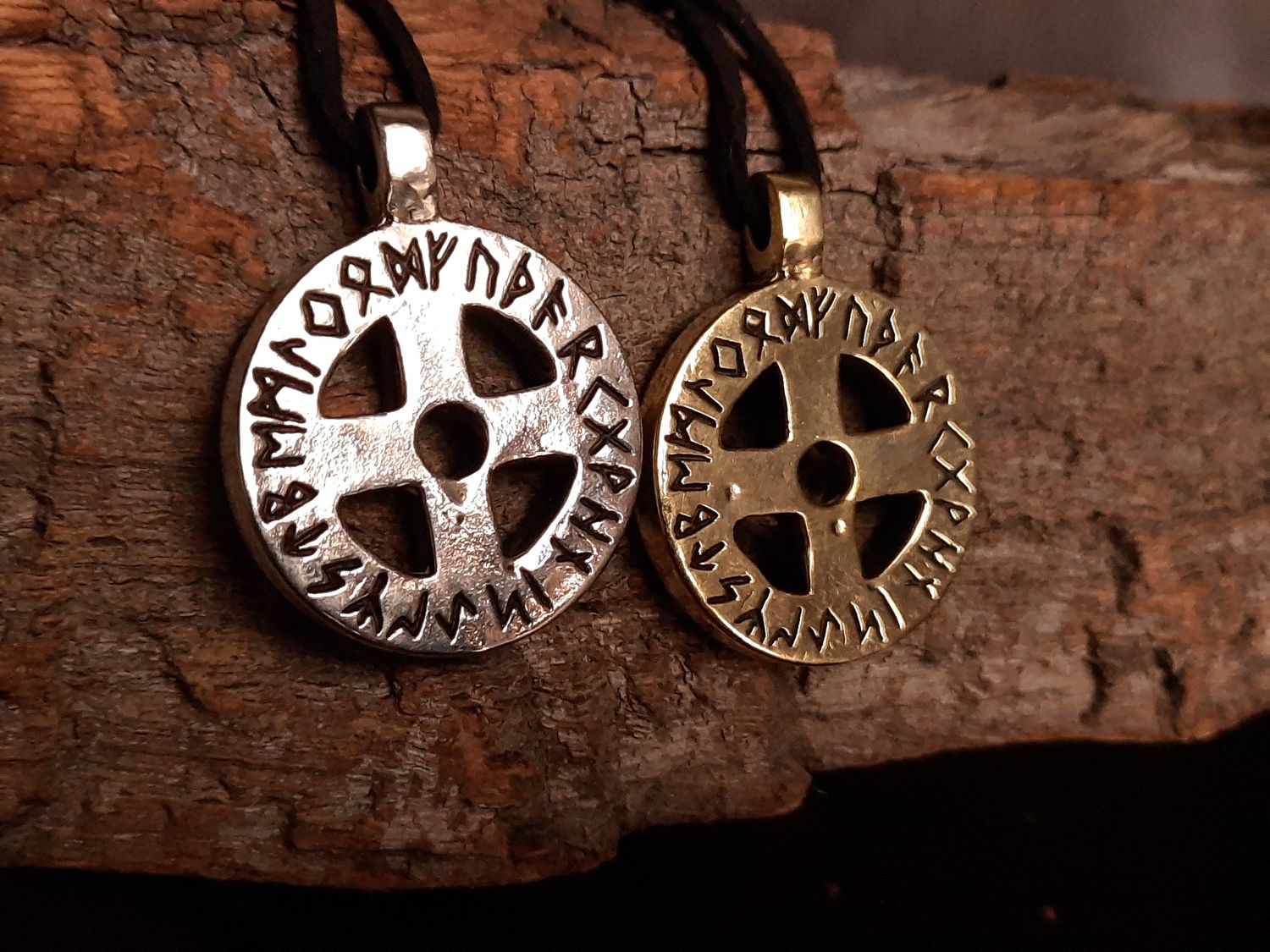 Viking Solar Necklace / Amulet, Odin Cross with Runic Alphabet, Hand-forged