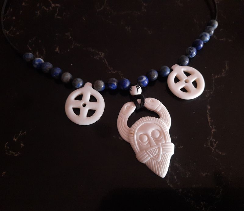 Unique Hand-Carved Bone Pendant: Odin in Ritual Helmet with Ravens and solar amulets, natural Lapis Lazuli beads - Viking Art Inspired