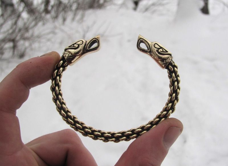 Viking Oath Ring Bracelet with Odin's Wolves – 6 Rods, Handmade in Brass