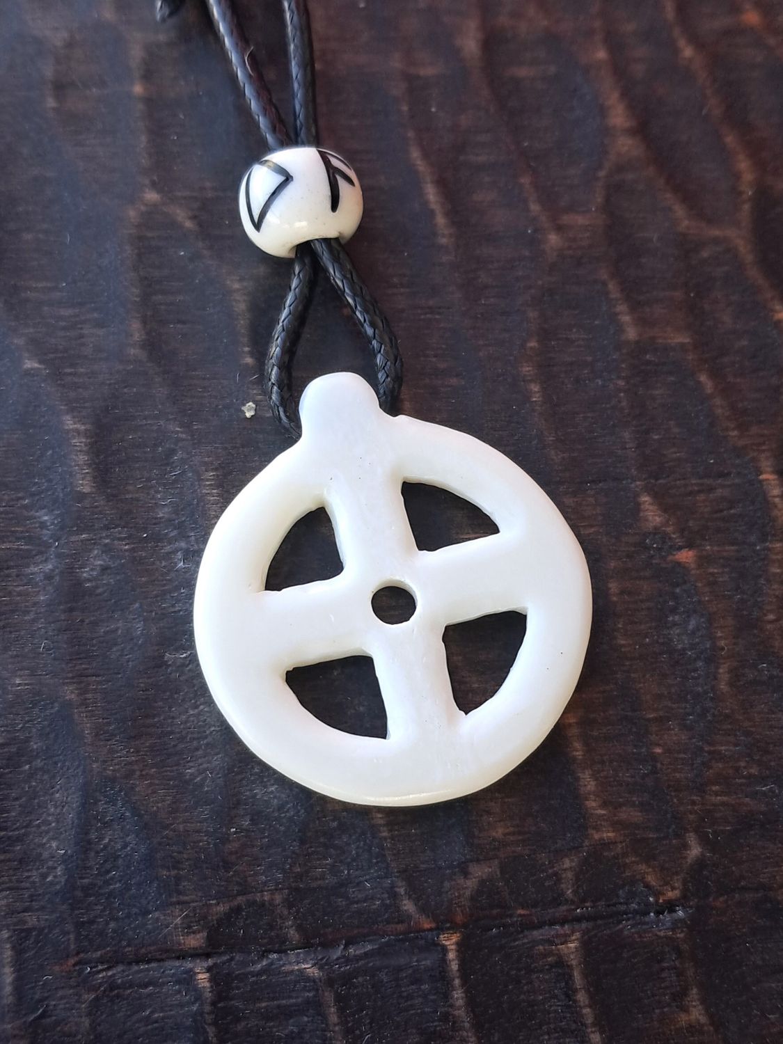 Hand-Carved Allfather Odin Cross with Runic Bead | Viking Solar Necklace | Pagan Bone Jewelry Collection