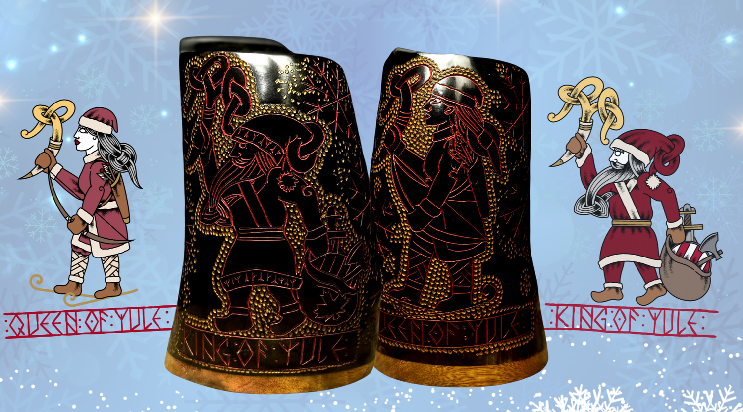 King and Queen of Yule Premium Viking Drinking Black-Horn Tankards, Limited addition, Yule 2024 Gift Set