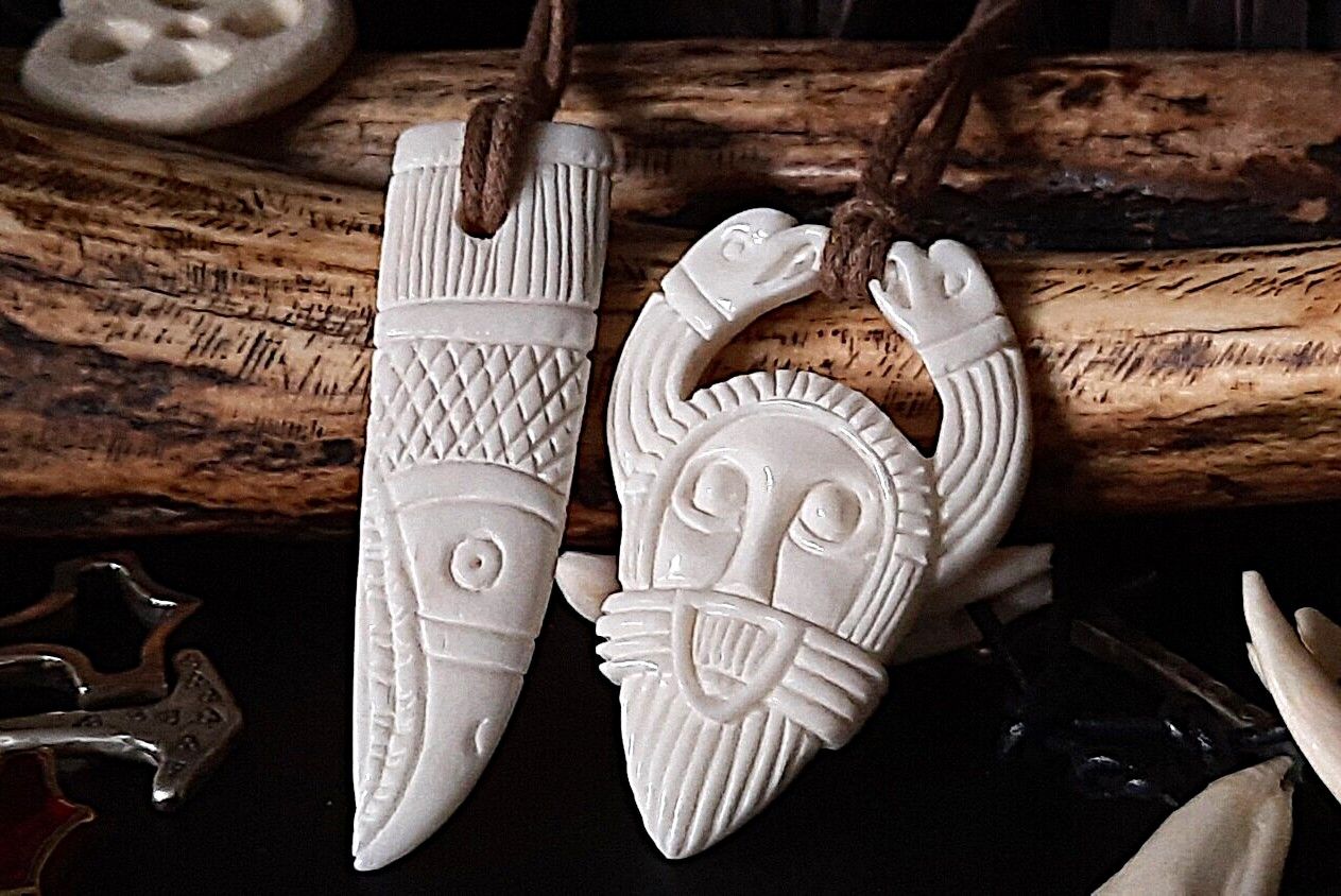 Premium Quality Viking Odin in Ritual Helmet with Ravens Pendant + Raven Amulet, Bone, Hand-Carved