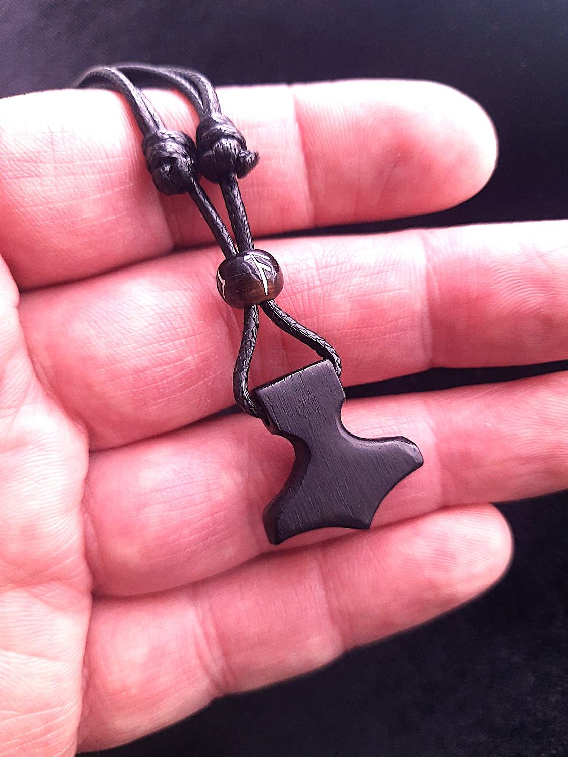 God Thor Mjolnir Necklace with Runic Bead, Hand-Carved in Buffalo Black Horn, Pagan Jewellery Collection