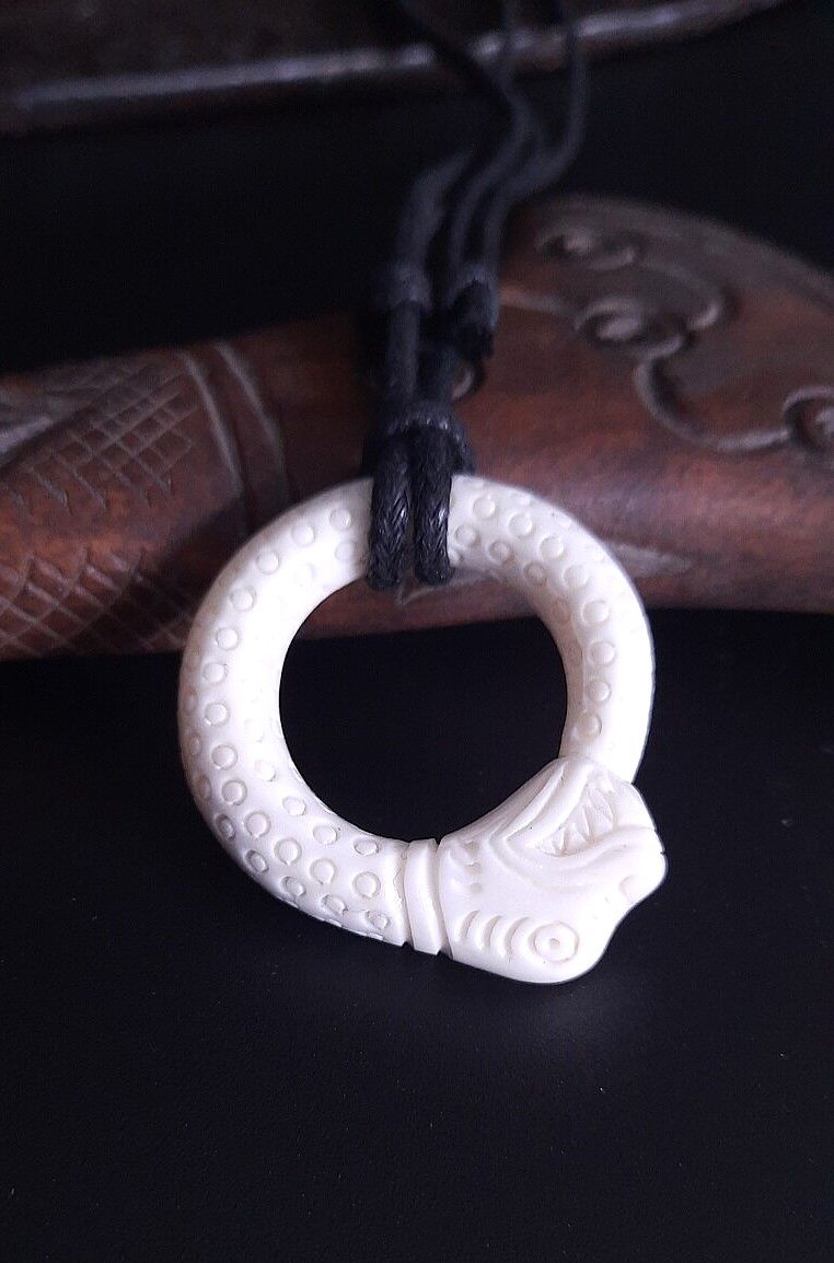 Handmade Viking Ouroboros Amulet – Bone Carved Norse Dragon Necklace