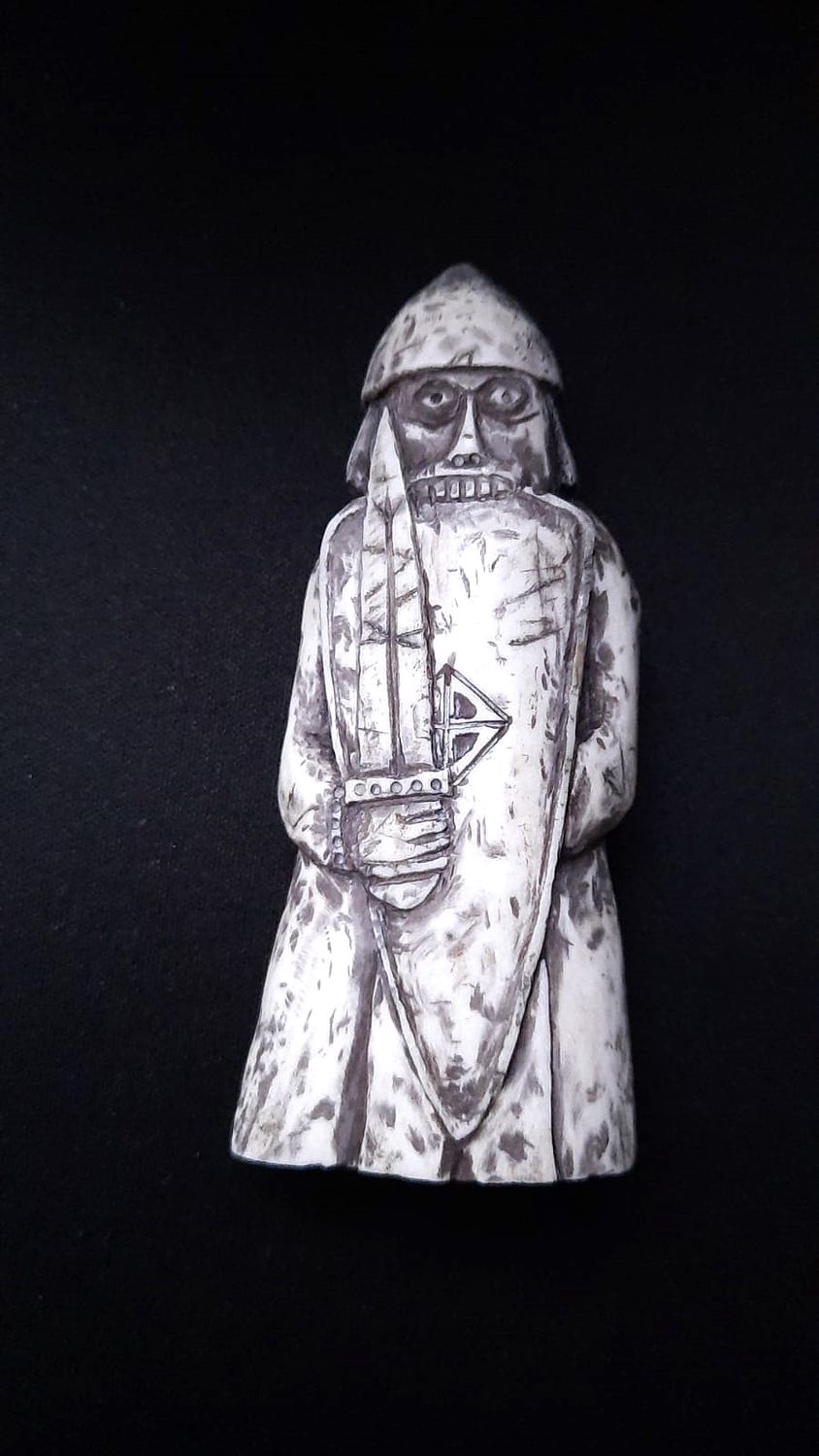 Hand-Carved Replica of Lewis Chessmen Rook (Berserker with Sword & Shield)