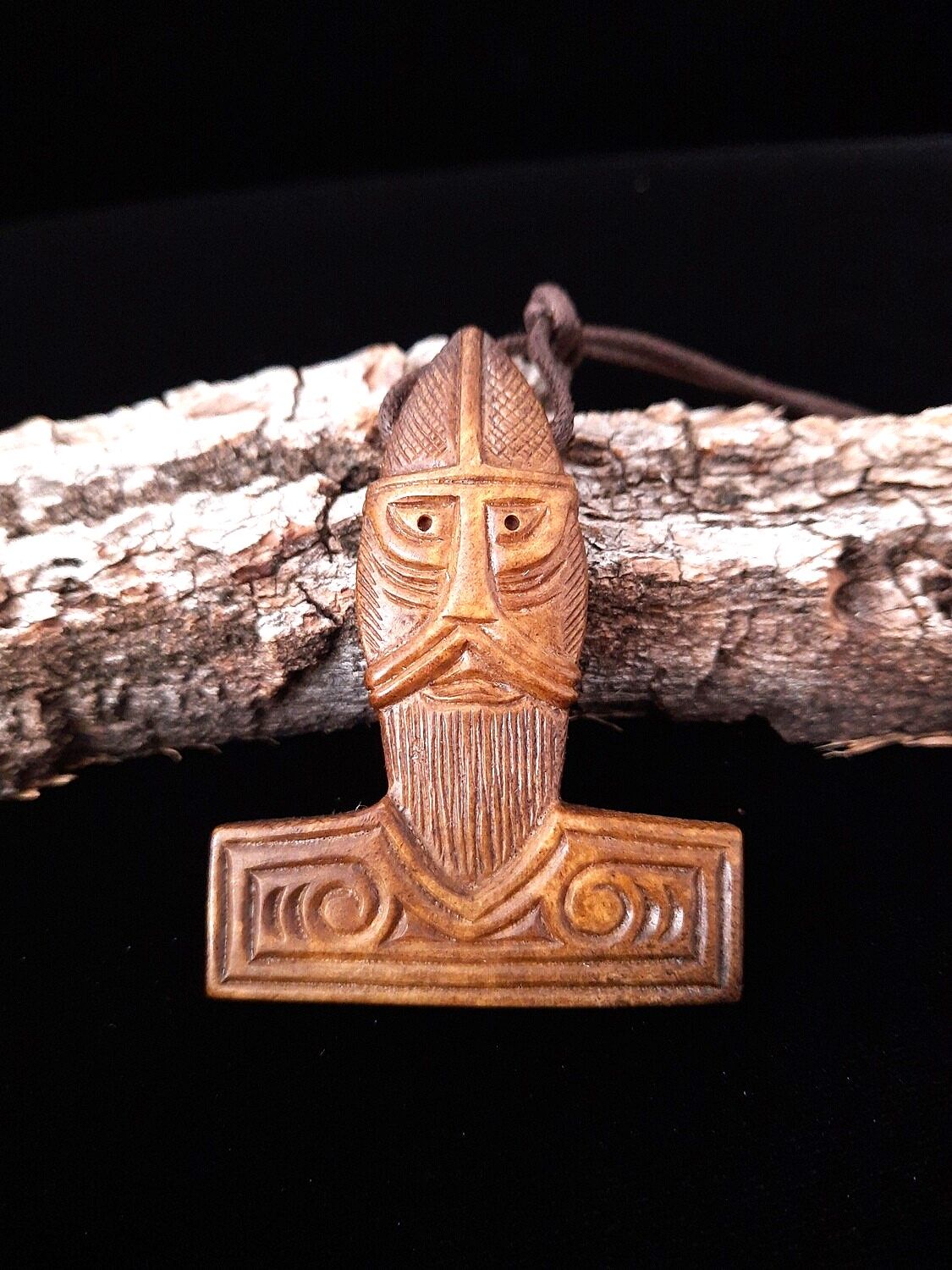 Hand-Carved Mjolnir with God Thor's depiction and Solar Symbols