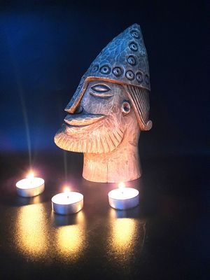 Sigtuna Viking in Helmet Wood Statue – Unique Viking Artifact Replica, 30 cm, Patinated