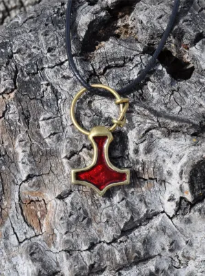 Stand with Ukraine! Handmade Mjolnir Pendant with Red Enamel and Ring: Patriotic Jewelry from War Zone, Brass