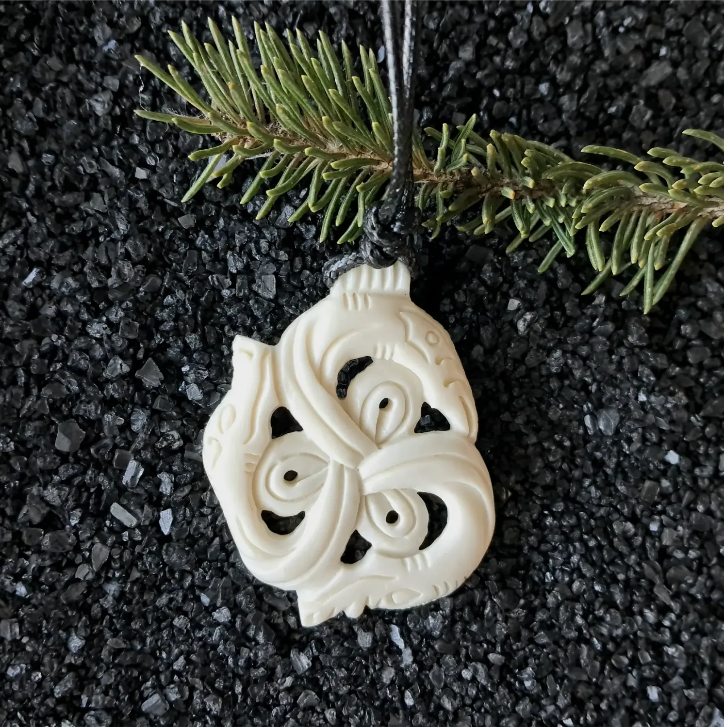 Vikings Triskelion Bone Pendant: The Dragon, Odin's Raven and Wolf Norse Pagan Amulet