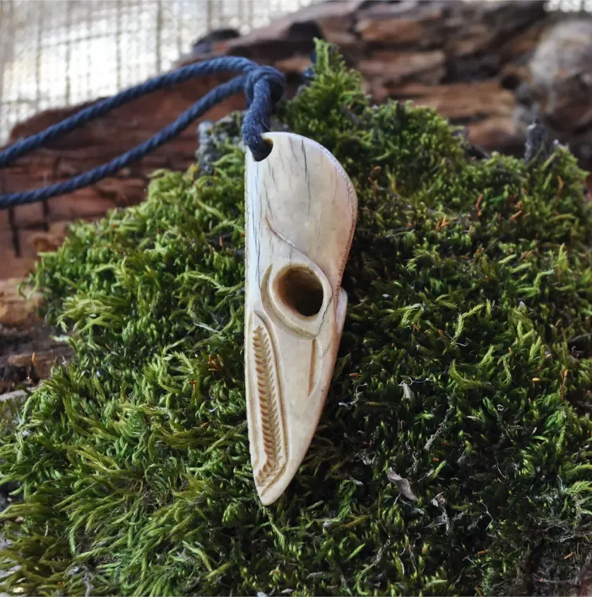 Unique Odin Raven Skull Pendant with Algiz Rune, powerful protection rune - Hand-Carved, Moose Antlers