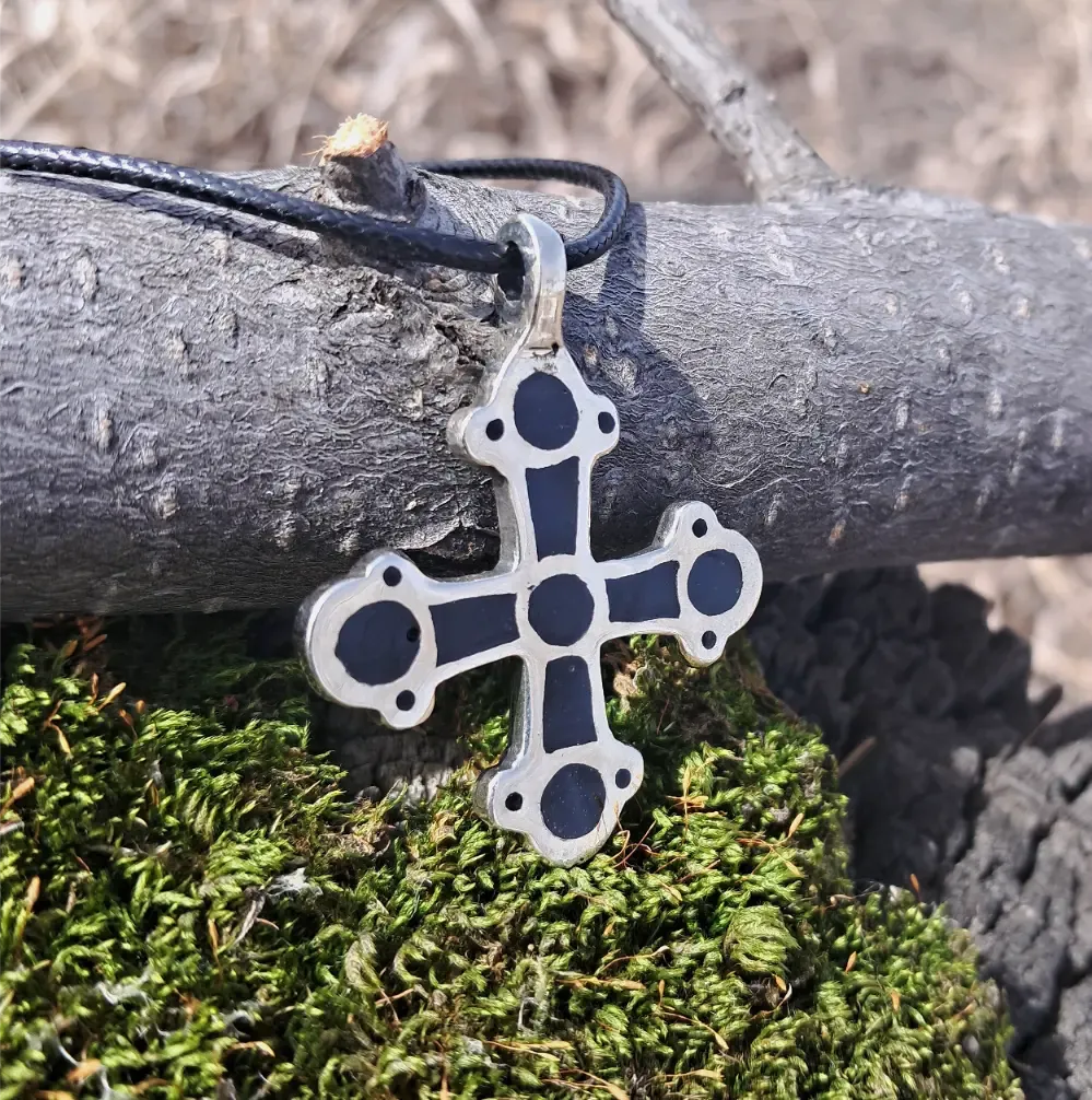 Kyivan Rus Body Cross with Black Enamel – Handmade Byzantine / Medieval Replica Cast.