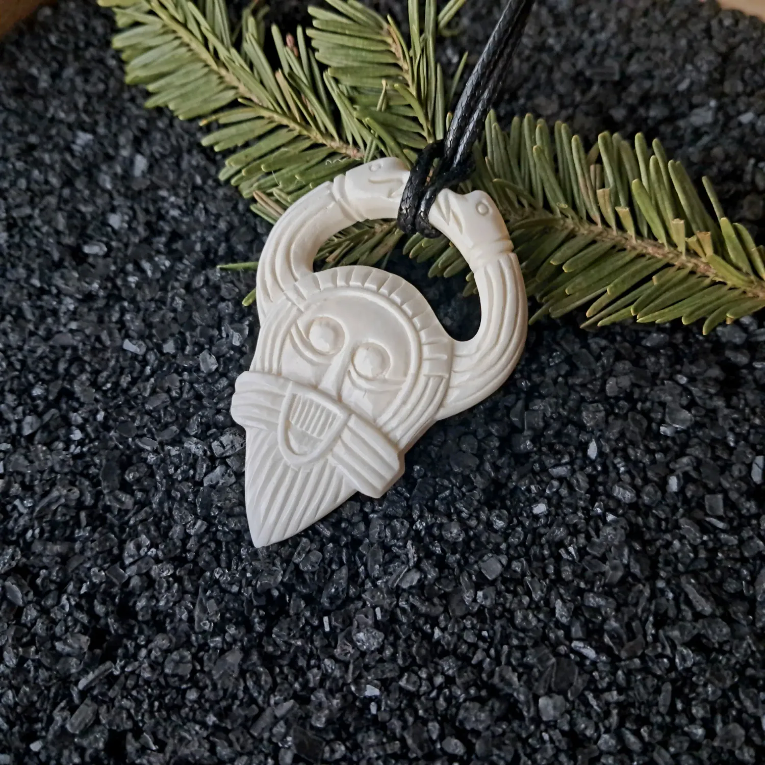 Unique Hand-Carved Bone Pendant: Odin in Ritual Helmet with Serpents - Viking Art Inspired