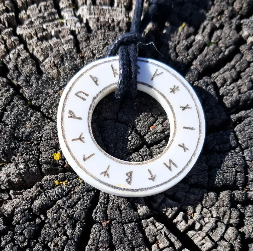 Runic Disc Viking Solar Necklace – Hand-Carved Bone Amulet Devoted to Odin