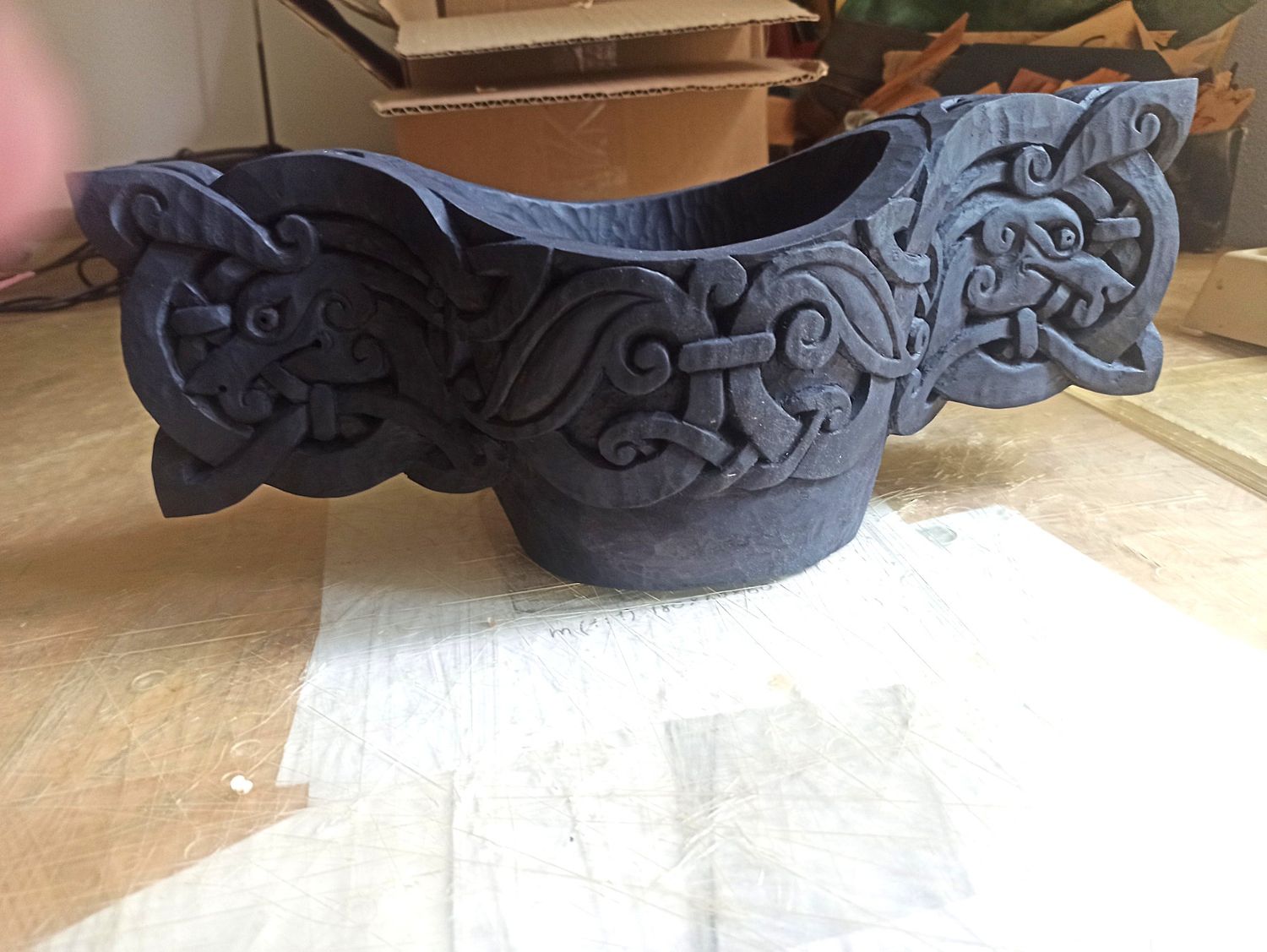 Extra-Large Historical Look Celtic Kings Drinking / Ritual vessel, Wood Hand Carved and patinated with Organic bees wax