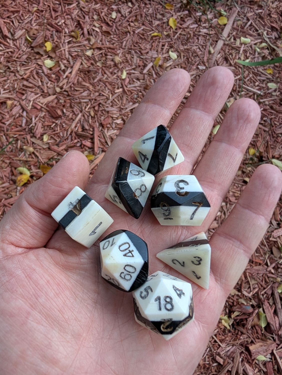 ​Hand-Carved Bone and Horn DnD Dice Set – Unique Artisan Dice for Role-Playing Games