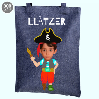 Bolsa de tela símil vaquero con nombre y foto montaje pirata 33,8x33,8cm