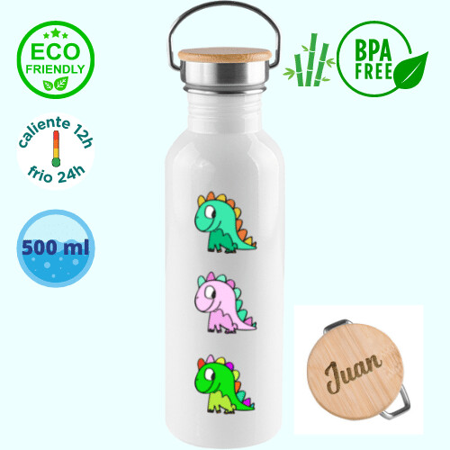 Botella Termo dinosaurios y tapa de bambú personalizada