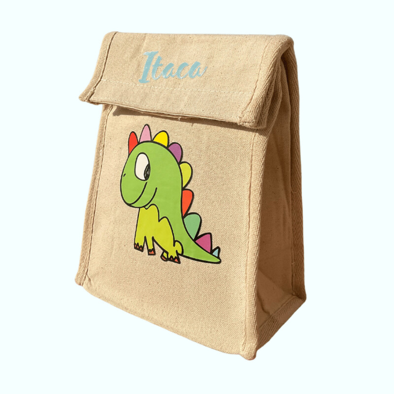 Bolsa térmica porta alimentos personalizada Dinosaurio 100% algodón 19x32cm