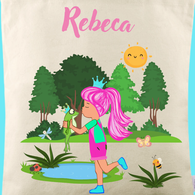 Bolsa de tela con asas personalizada la niña y la Rana Eco 35x36cm