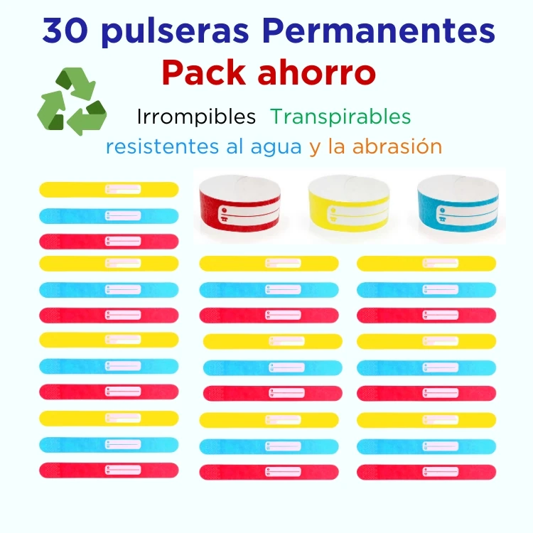 Pack 30 Pulseras identificativas permanentes para niños Eco Tyvek