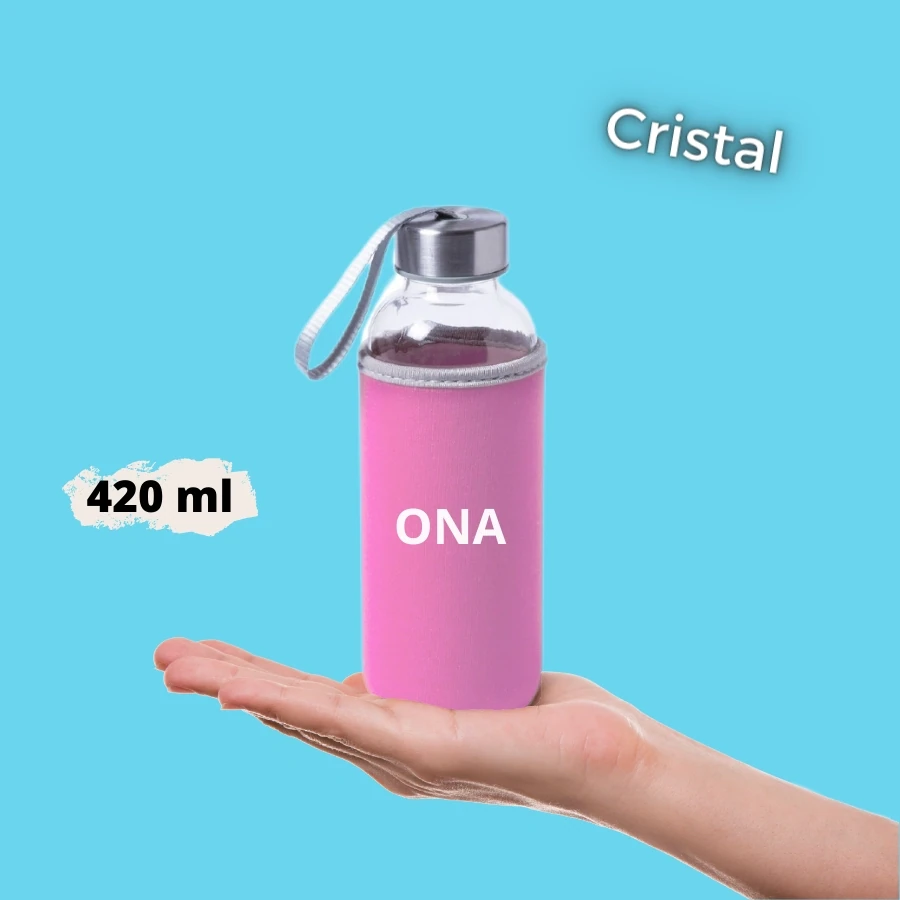 Botella de Cristal con funda rosa de neopreno 420ml
