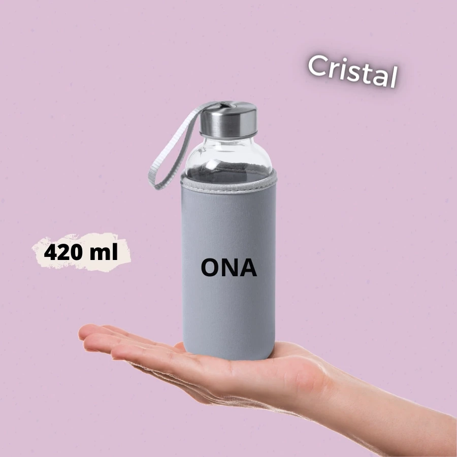 Botella de Cristal con funda neopreno Gris personalizada 420ml
