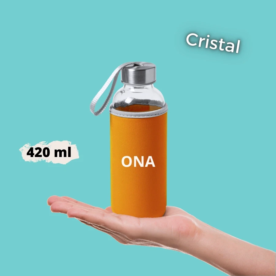 Botella de Cristal con funda neopreno Naranja personalizada 420ml