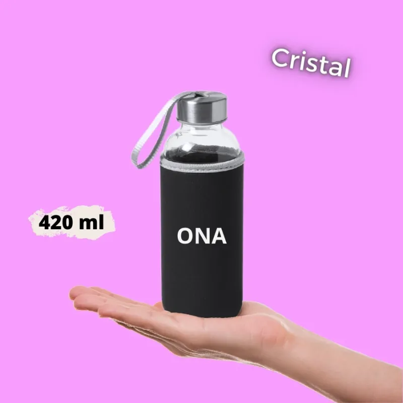 Botella de Cristal con funda neopreno Negra personalizada 420ml