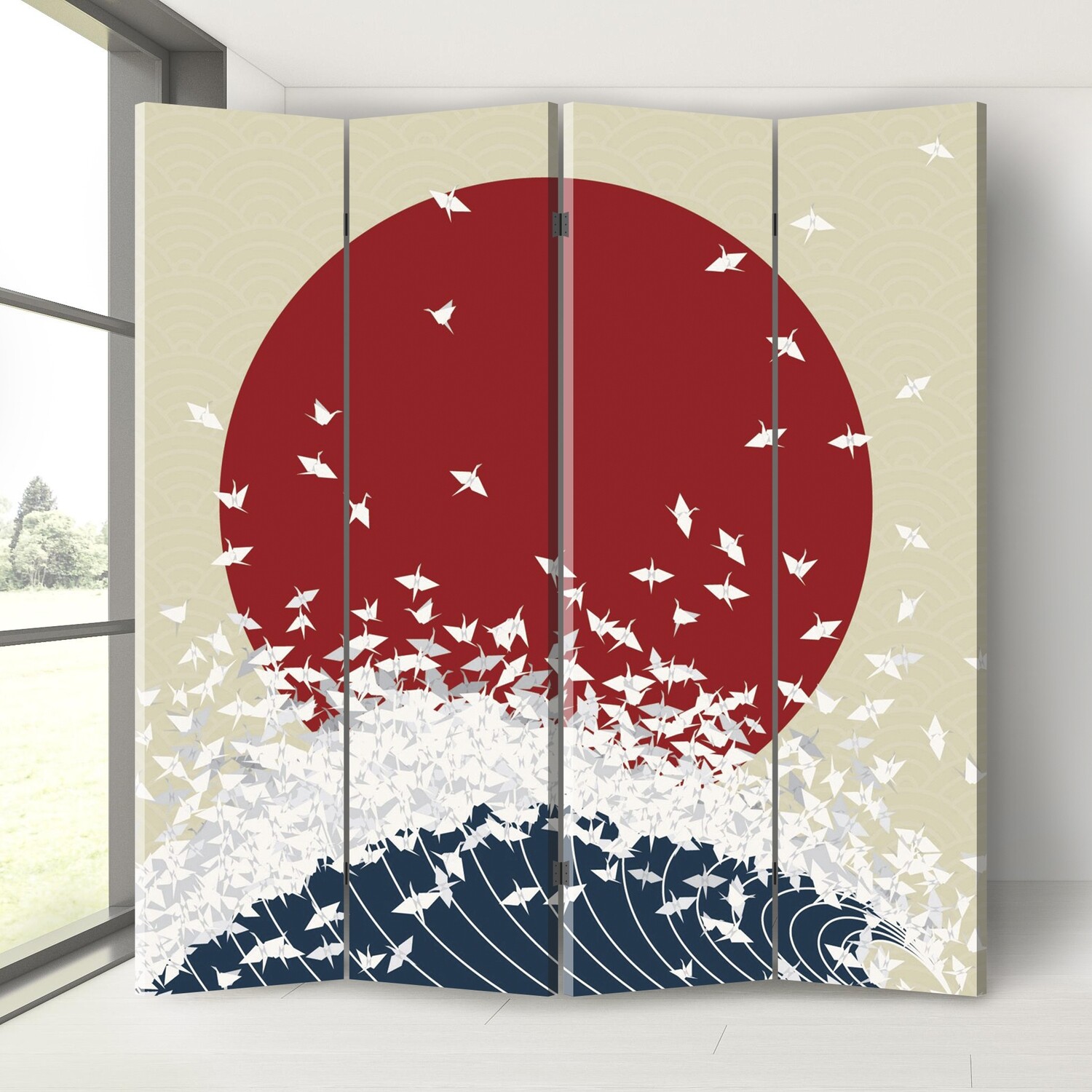 Ширма - перегородка з друком, орігамі японія сонце хвиля