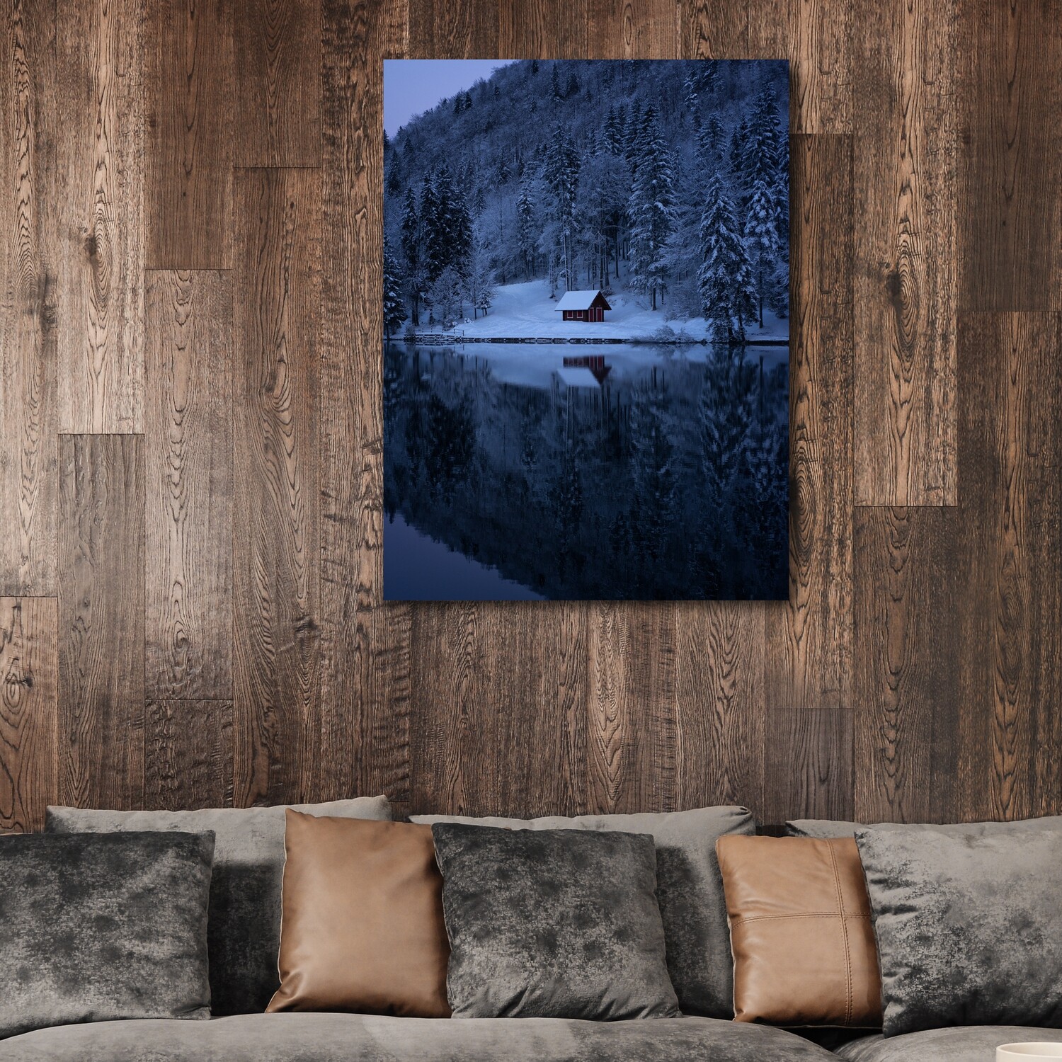 Картина на полотні, озеро ліс сніг (холст)