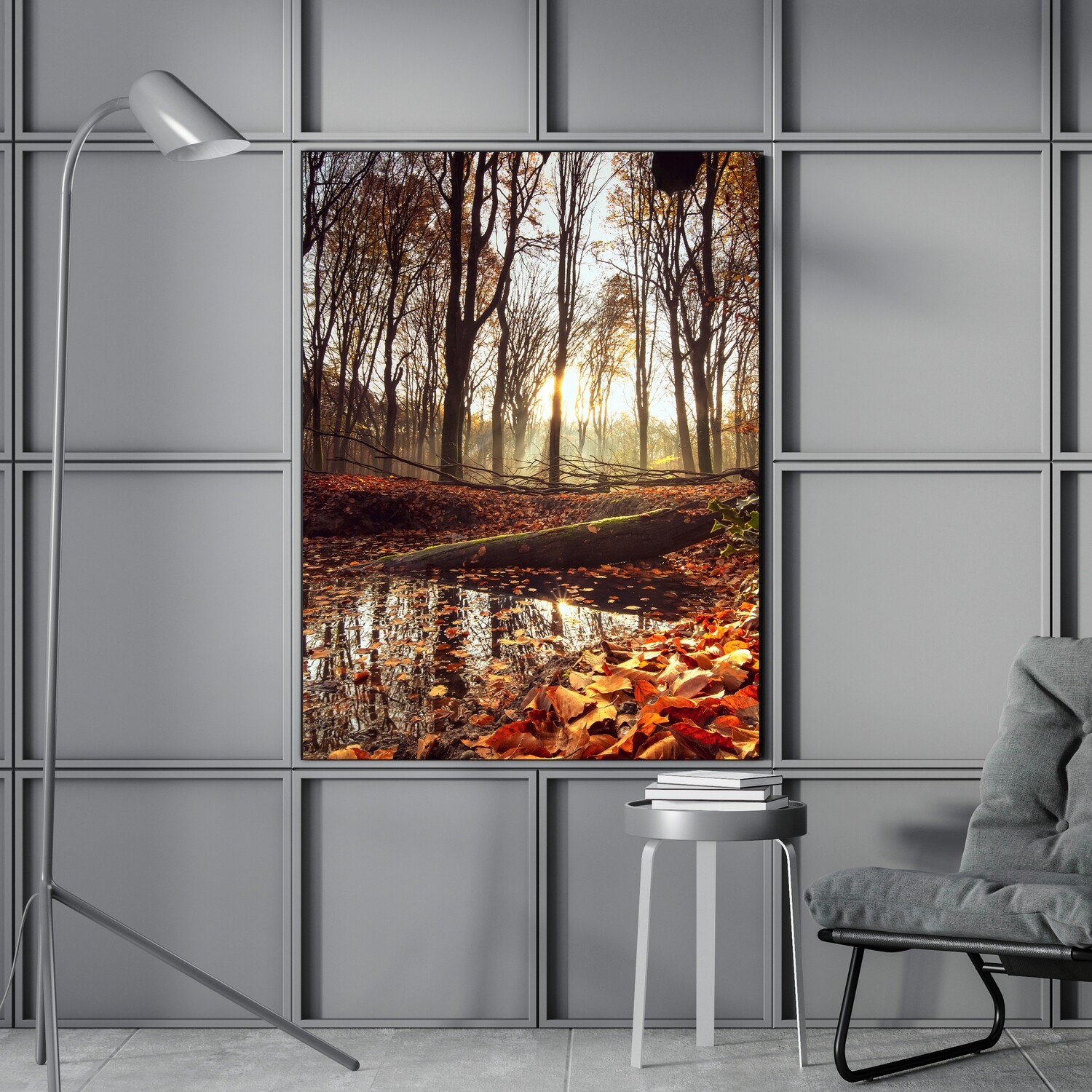 Картина на полотні, дерева і листя під сонцем в лісі восени (холст)